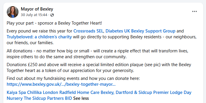 Mayor of Bexley Facebook post naming Truly Beloved a 2026/27 Charity Appeal sponsor